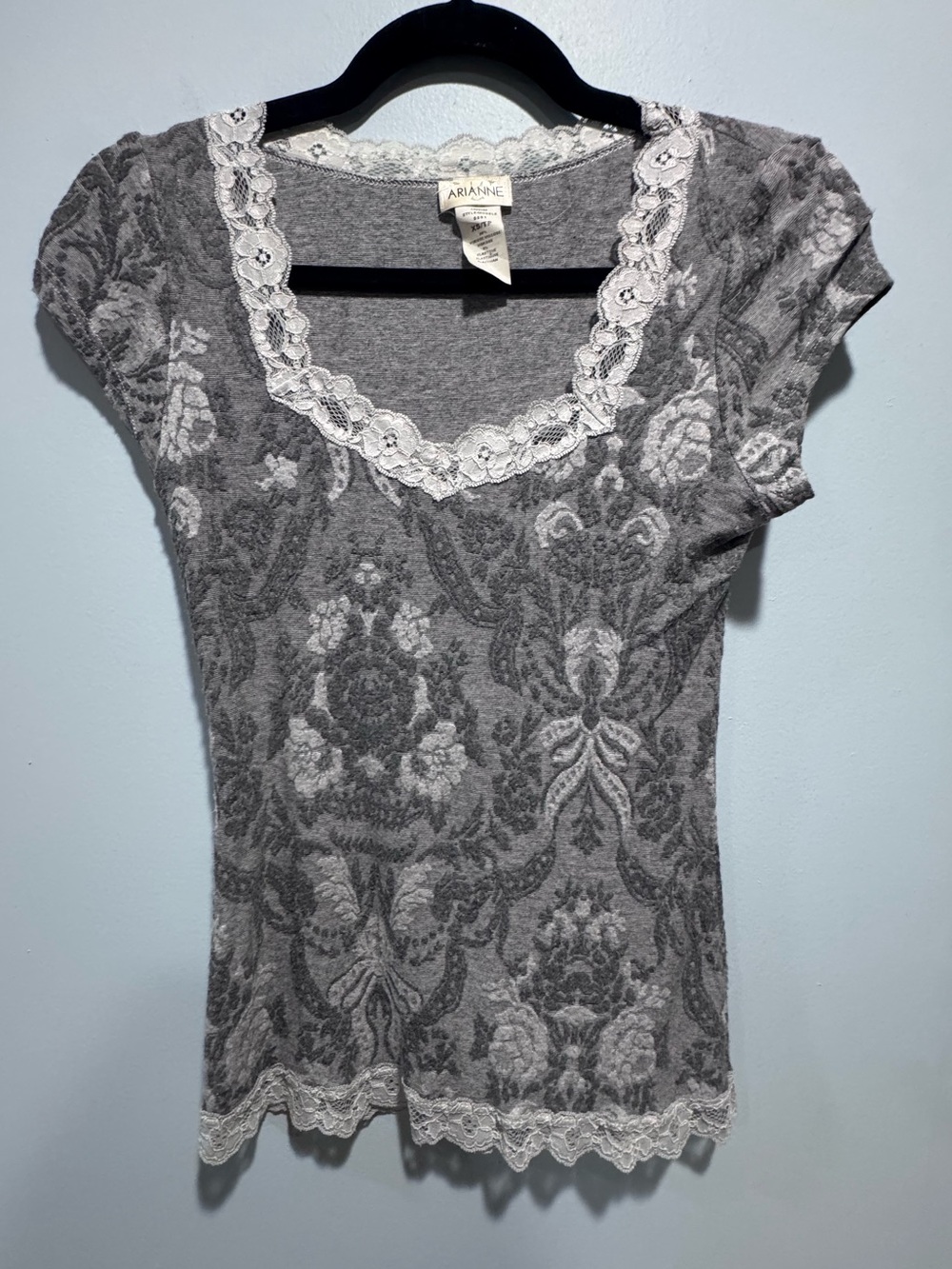 Arianne Gray Damask Lace-Trim Short Sleeve Tee